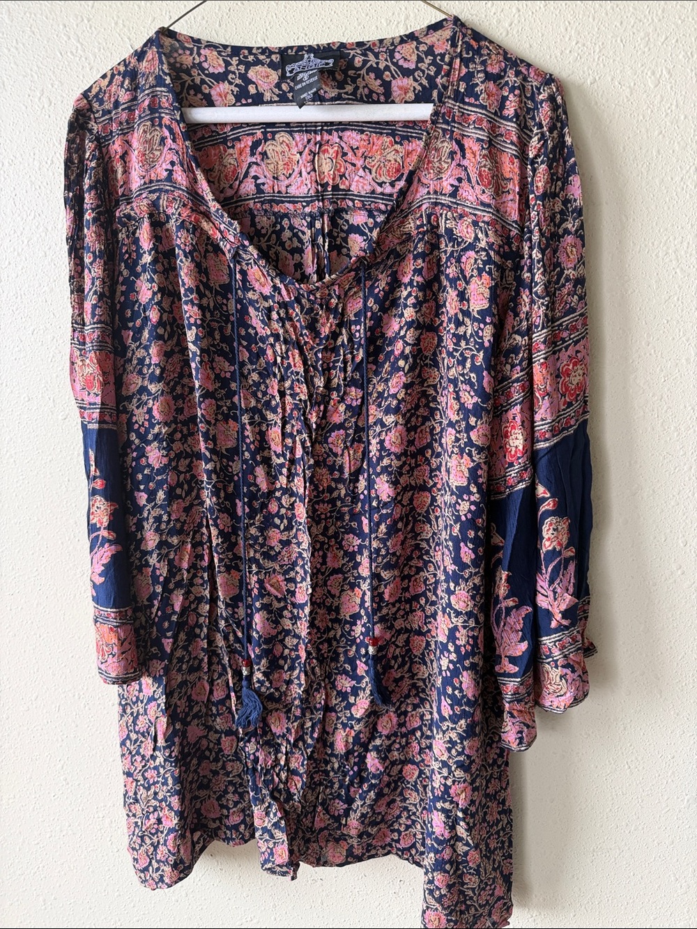 Lucky Brand Navy Floral Peasant Tunic with Pink Accents